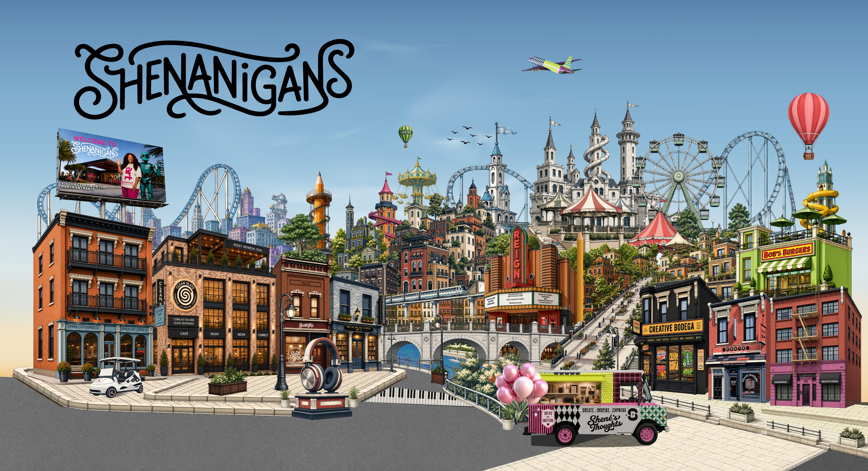 Shenanigans — an illustrated creative amusement park city with a castle, coasters, theaters, and storefronts